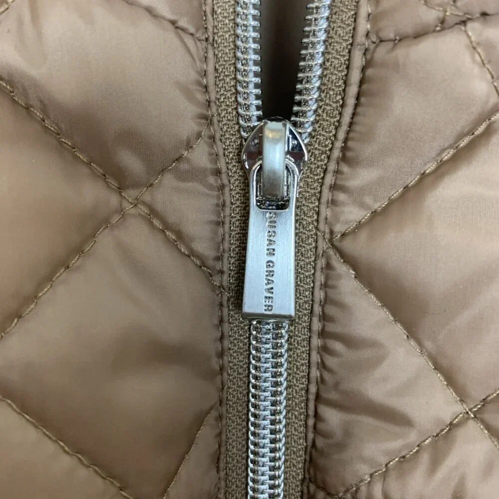 Susan Graver Womens XL Quilted Jacket Ponte Side Panels Zip Pockets Tan Puffer - Picture 5 of 14